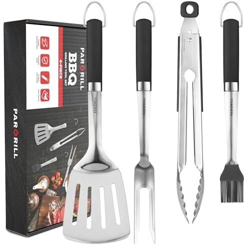PARGRILL Accesorios para parrilla, juego de barbacoa resistente, regalo para hombres y mujeres, espátula, tenedor, cepillo y pinzas de acero inoxidable de alta calidad, kit de herramientas de