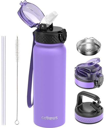 GOPPUS Botella Agua Acero Inoxidable 600ml/20oz con Pajita Botella Deportiva Aislada Frasco Frío con Pajita Botellas Agua Metal Abatibles Doble pared Termo a Prueba Fugas para Gimnasio con 3 Tapas