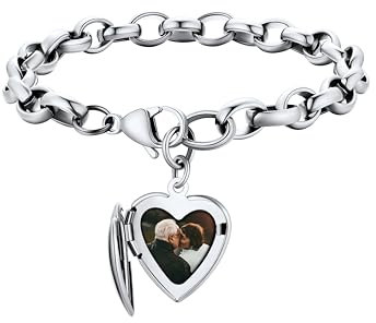 Supcare Armbänder für Mädchen Fotoarmband mit Herz Medaillon Anhänger Foto Armband mit Gravur Text Fotoarmbänder Armreifen Schmuck Damen Silber Locket Memorial Armband Modeschmuck für Muttertag