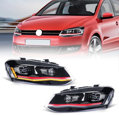 Archaic Scheinwerfer kompatibel mit VW Polo Mk5 6R 6C 2009-2017 (Nur für Standard -Halogen),mit Glühbirne,Mit E-Prüfzeichen