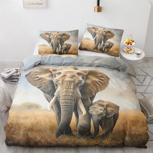 GEDAEUBA Elefant Bettwäsche 135x200 - Wilde Tiere Bettbezug 135 x 200 2er Set, Wendebettwäsche und Kissenbezug 80x80, Weiche & Angenehme Mikrofaser Bettwäsche-Sets mit Reißverschluss