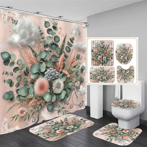 AZHM Lot de 4 rideaux de douche à motif floral eucalyptus rose pâle avec rideaux de douche et tapis avec accessoires et crochets