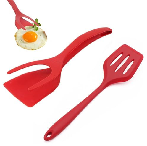 Lumeclat Spatule et pince à œufs en silicone 2-en-1 | Anti-adhésif | Pour œufs au plat, crêpes, poisson & toast | Polyvalent, résistant à la chaleur, Rouge | Outil de cuisine polyvalent pour retourner