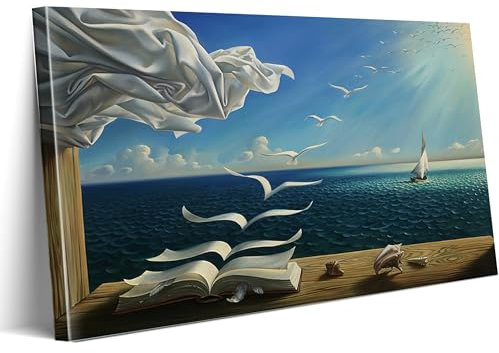 ALMLZL Salvador Dali Wellenbuch auf Leinwand, Wandkunst, Surrealismus, Kunstdrucke, berühmtes Ölgemälde, Reproduktion, abstraktes Segelboot-Poster, Wohnzimmer, Schlafzimmer, blaue Wanddekoration,