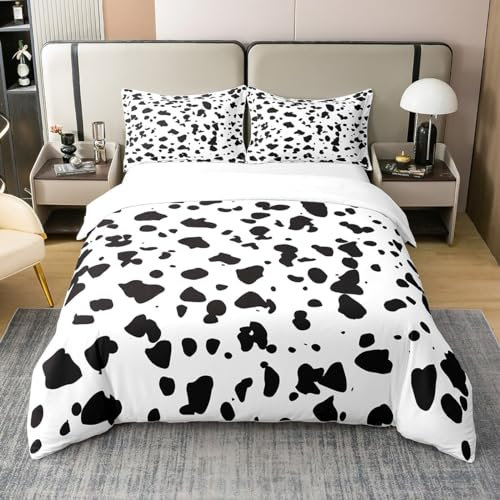 Loussiesd Schwarze und weiße Flecken Bettwäsche Set für Kinder Bettwäsche Set 135x200cm 100% Baumwolle Bettbezug Set Kuhfleck Muster Betten Set für Jugend Dekorative Sanft 2 STK mit Reißverschluss
