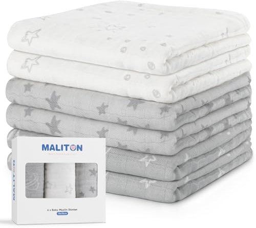 Maliton 6 Stück Baby Spucktücher aus Baumwolle, 70x70cm Baby Musselintücher- Weiche & saugfähige Mullwindeln für Neugeborene | Atmungsaktiv | Zum Reinigen, Abwischen, Abdecken