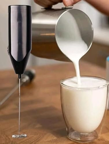 Handheld Milk Frother with Stainless Steel Whisk, Portable and Powerful Foam Maker for Morning Coffee, Latte, Cappuccino, Hot Chocolate (Black)
