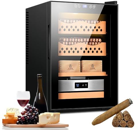Fablestoryem Elektrischer Zigarren-Humidor Mit 50L FassungsvermöGen,200-300 StüCk,Leiser Zigarrenkistenschrank Mit Schublade Und Regalen Aus Spanischem Zedernholz,Mit Digitalem Hygrometer,Black A