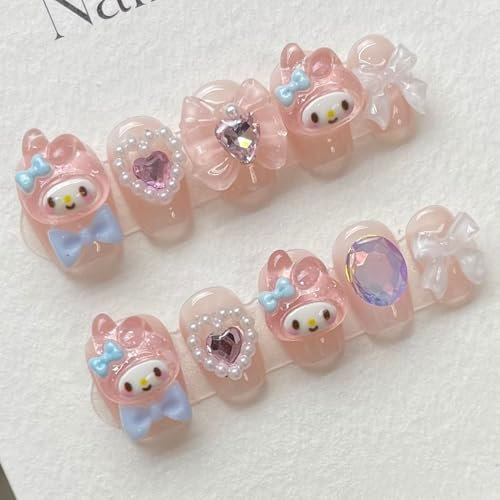 Roffatide Anime Melody Nette Presse auf Nägel Kurze und quadratische Form gefälschte Nägel Hergestellt von weichem Gel Leicht für Bequemer wiederverwendbarer Kleber auf Nägeln Kurze 4-Größen Kawaii