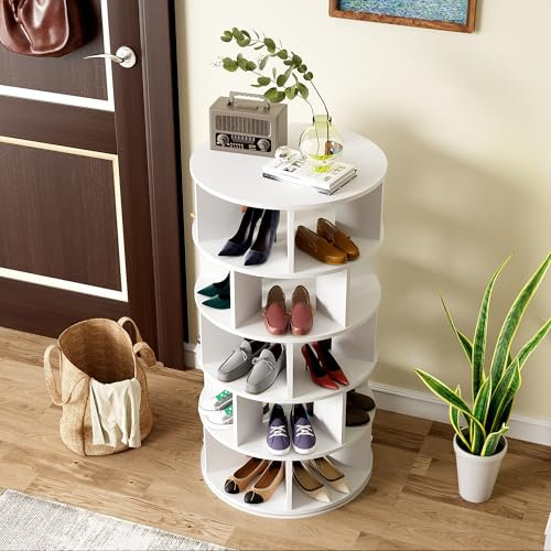Merax Schuhregal Drehbar, Multifunktionales Schuhschrank mit 5 Ebenen, Rundes Rotating Shoe Rack 360-Grad-Drehung, Höhe 115 cm, Breite 60 cm, Weiß