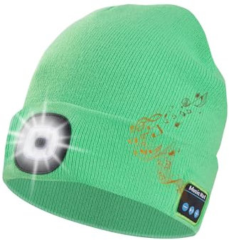 Keains Bluetooth Beanie with Light, Musical Knit Hat with Headphones and Built-in Speaker Mic, Gifts for Men Women Dad Fluorescent Green
