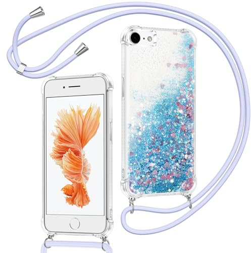 Xiltlly Coque pour iPhone 6/iPhone 6s avec Cordon, Paillette Liquide Transparent Crystal Glitter Housse, Protection Antichoc Silicone Souple TPU Bumper Case, Réglable Collier pour iPhone 6s, Bleu