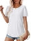 Aokosor T Shirts for Womens UK-Scoop Neck Puff Sleeve Tee Eyelet Embroidery Ladies Summer Tops Curved Hem Shirts White Size 14-16