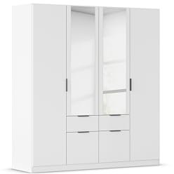 Rauch Möbel Glasgow Drehtürenschrank, Kleiderschrank, Schrank, Garderobe 4-türig, 2 Spiegeltüren, 4 Schubladen, Farbe Weiß, Griffprofil Grau metallic, 181x197x54cm