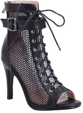 Sandali da donna estivi eleganti con tacco – Stivali da ballo con fibbia, alla caviglia, con lacci, a bocca di pesce, in rete, traspiranti, scarpe estive a spillo, eleganti scarpe da donna1, Nero , 42