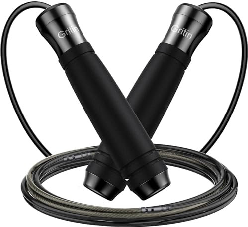 Gritin Springseil, Speed Rope Verstellbar mit Rutschfest & Ergonomisch Griffe, 3M Länge Einstellbar Seil mit Skalenmarkierung, für Fitness&Ausdauer&Seilspringen, inkl. Längenversteller, Schwarz