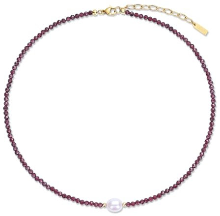 COAI Collana Fine da Donna con Perline Sfaccettate di Cristalli Naturali di Granato e Perla Vera di Acqua Dolce, Collana di Granato Rosso da Donna