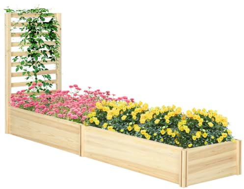 Outsunny Letto per Orto Rialzato da Esterno 230x60x110 cm Color Legno | Legno Abete, 2 Fondi Aperti, Spalliera, Fioriera Grigliata, Vasconi per Orto da Esterno, Piante Rampicanti, Fiori