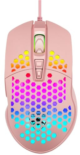 Veemoon Souris de Jeu Filaire Ajourée Lumineuse pour Ordinateur, Design Moderne, 4 Niveaux Dpi Réglables, pour Bureau et Gaming, Couleur Rose