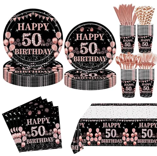 GalaHub 193 Pcs 50th Birthday Party Supplies for 24 Guests, Rose Gold Disposable Tableware Set with Plates Tablecloth Napkins Cups, 50th Birthday Decorations for Women
