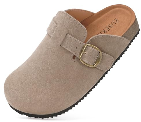Zuecos niño Cómodas Zapatos Casa niñas Cerradas Zapatillas de Jardín Suave Pantuflas Ajustables Hebilla Corcho Plantilla Antideslizante Suela,Marrón Oscuro,34EU
