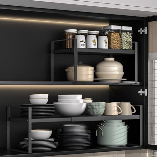 Expandable Cabinet Shelf, Kitchen Cupboard Shelf Organiser, Cabinet Storage Shelves Stand Spice Rack, Space Saver Plate Organiser, Kitchen Storage Rack Shelves for Countertop Pantry (Black)
