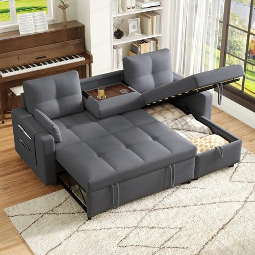 L-förm Schlafsofa ausziehbares Ecksofa mit Chaise Longue & Stauraum, Grau | Linen 3-Sitzer Couch mit Stauraum, Reversible Chaiselongue, herunterziehbarem Getränkehalter für Wohnzimmer Wohnung