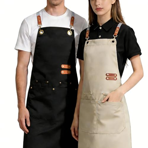 ASOUUNLD Kochschürze Grillschürze 2er Set Schwarz & Khaki Canvas Schürze mit Kreuzrücken & Geräumigen Taschen Verstellbare Arbeitsschürze für Männer Frauen Ideal für Küche Garten Grillen (75x68cm)