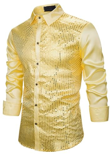 Generisch Glitzer Hemd Herren,80er Jahre Outfit Herren Langarm Pailletten Metallic Glänzend 70er Disco Party Kustüm Herrenhemd Mottoparty Karneval Top Oberteil Festival Karnevalskostüme