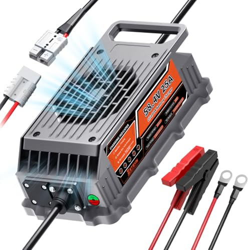 Cargador de batería de Litio de 25A 48V, Cargador de Batería LiFePO4 de 58,4V con Ventilador de Refrigeración, Cargador Inteligente para RV, Barco, Motores de Trolling