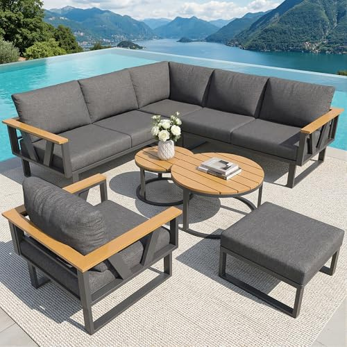Jaxenor 5-7 Seater Garden Sofa Set, Outdoor Furniture with Nesting Tables, Modular Garden Lounge Set with Washable Cushions, Weatherproof Patio Dining Lounge Set for Balcony and Terrace, Grey