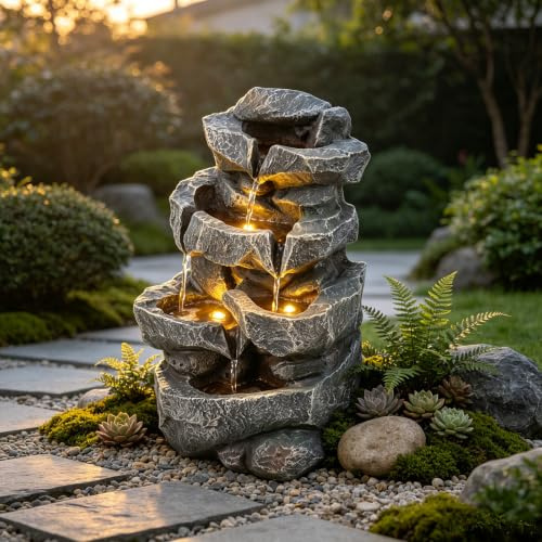 GYMAX 5-stufiger Felsoptik Springbrunnen, Gartenbrunnen mit LED Beleuchtung & Pumpe, dekorativer Wasserbrunnen, Wasserfall Brunnen, Springbrunnen für innen & außen