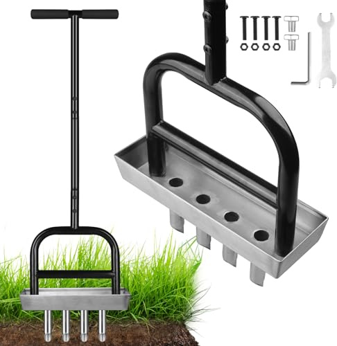 Aérateur de pelouse à 4 trous avec plaque de rangement - Acier au carbone revêtu par pulvérisation + aiguilles creuses en acier inoxydable - Effet levier - Ameublement du sol pour le jardin et