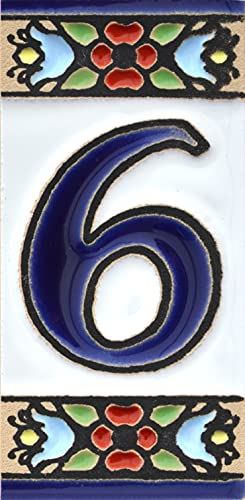 Numero casa.Insegna con numeri e lettere fatte di piastrelle ceramica dipinte a mano con la tecnica cuerda seca, nomi indirizzi e segnaletica. Disegno FLORES MINI 7,3 cm x 3,5 cm (NUMERO SEI 6)