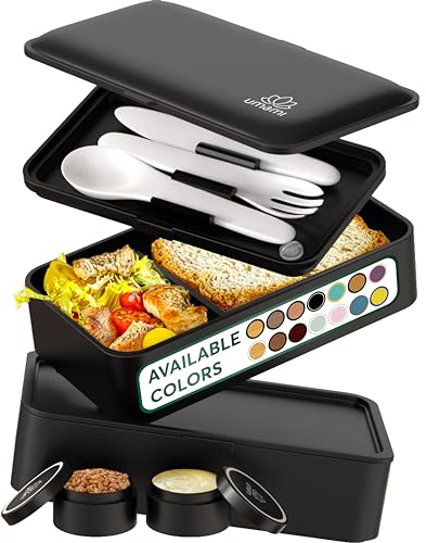Umami Lunchbox Erwachsene, Auslaufsichere Bento Box mit Fächern und 4 Bestecke, Brotdose Erwachsene, Salatbehälter to-Go, Lunch Box für Picknick/Büro, Mattschwarz, 1200 ml