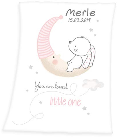 Wolimbo Soft-Peach Babydecke mit Namen personalisiert - Motiv Kleiner Hase - Besticktes Geschenk für Mädchen und Junge 75x100cm