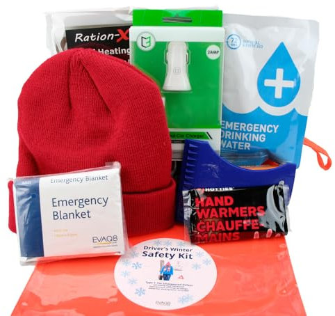 EVAQ8 Driver's Winter Car Safety Kit with Hot Food, Drinking Water, Emergency Blanket, Warm Hat, Hand Warmers, Torch for Emergencies & Breakdowns During UK Winter Months