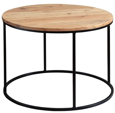 FineBuy Couchtisch Rund 60 cm Akazie Massivholz, Metallgestell Schwarz | Wohnzimmertisch im Natur Look, Sofatisch aus Echtholz, handgefertigt, jedes Stück ein Unikat