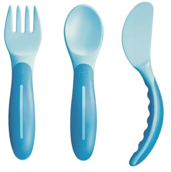 MAM Set Posate Antiscivolo, con Forchetta, Cucchiaio e Coltello, 6+ Mesi, Azzurro