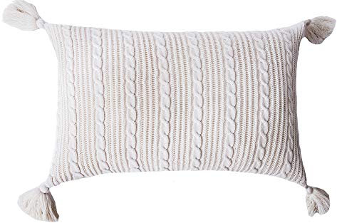 Matty-LZ Acryl Strickfaden Gestrickter Kissenbezug mit Quaste, Purer Weicher Dekorativ Sofa Kissenbezug Kissenhülle Kissen Herbst für Sofa Schlafzimmer Cremefarben 48x74cm Rechteckiger