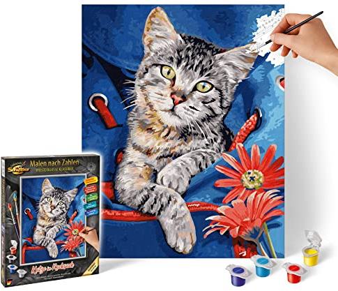 Schipper 609240842 Malen nach Zahlen - Katze im Rucksack-Bilder malen für Erwachsene, inklusive Pinsel und Acrylfarben, 24 x 30 cm