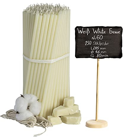 Diveevo 150 Stück Weiß Bienenwachs Kerzen - Orthodoxe Kerzen für Gebet, Rituals, Tischdeko Hochzeit - Ungiftig, Ruß - Tropffrei, Lang, Nachhaltige Produkte, N60, Höhe: 20,5 cm, Ø 6,6 mm