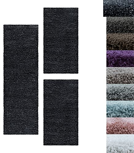 SIMPEX Bettumrandung Schlafzimmer 3teilig Shaggy Hochflor Teppich Anthrazit Bettset: 2 mal 80x150 + 1 mal 80x250 - Schlafzimmer Teppich 3 Teilig Läufer Extra Weich Flauschig Bettvorleger Läuferset