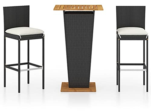Tidyard Set de Muebles Bar Jardín 3 Piezas con Cojines Set Mesa Alta de Bar y 2 Taburetes con Respaldo Balcón Terraza Mesa y Sillas Barra Bistró Muebles Ratán PE Negro