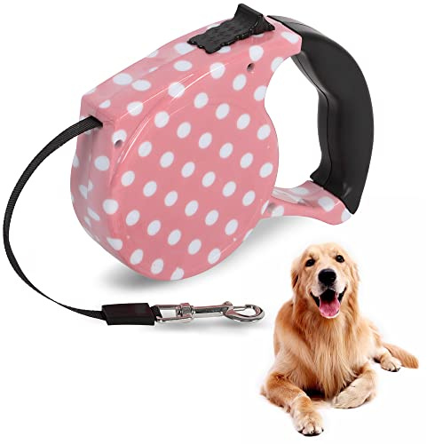 Beaface Retractable Dog Lead Extendable 16ft/5M, Retractable Dog Leads for Small Medium Dogs Up to 25KG, Extendable Dog Leads with Anti-Slip Handle, Anti-Tangled Strong Nylon Tape (Pink White Dot)