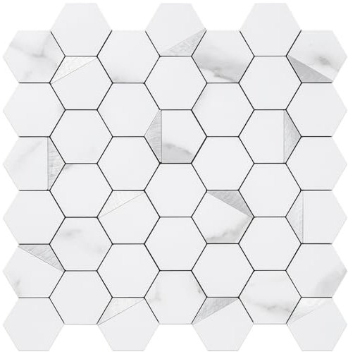 DICOFUN 10 fogli esagonali per piastrelle e bastoni Backsplash, effetto marmo bianco PVC misto argento metallo mosaico piastrelle per cucina e bagno