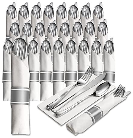 25 cubiertos de plástico plateado desechables