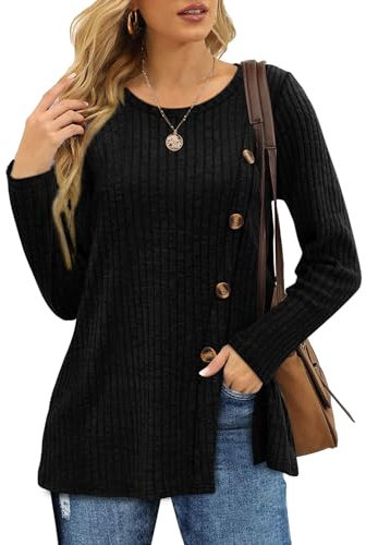 Aokosor Womens Long Sleeve Tops Ladies Lightweight Jumpers Button Front Slit Tunic Black Size 14-16
