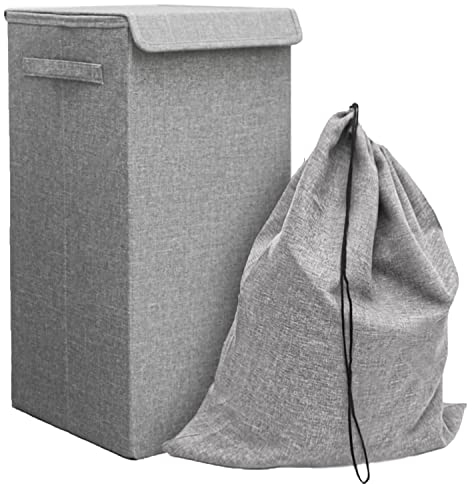 DuneDesign 50L Wäschekorb mit Deckel - Stabiler Holzrahmen - 30x30x60 Wäschesammler Grau Faltbarer Wäschekorb Badezimmer Wäschesortierer Deko Schlafzimmer Korb Camping Wäschetruhe (Grau mit Deckel)
