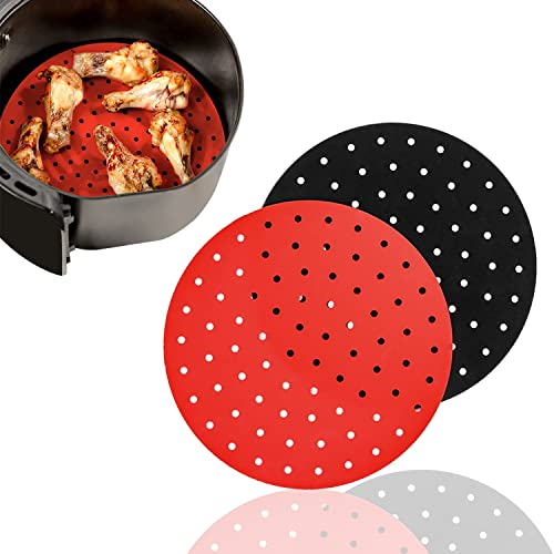 AHRITA 2 PCS Tapis pour Friteuse à Air Silicone, 8 Inch Doublure de Friteuse Sans Huile, Non Stick and Easy Clean, Rouge + Noir